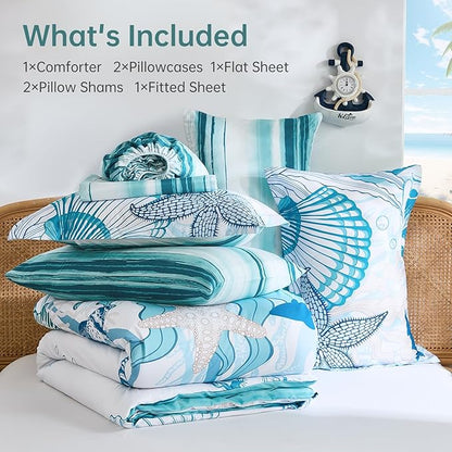 WONGS BEDDING Coastal King Size Comforter,7 Pieces Beach Nautical Themed Bed in a Bag Bedding Set,Ocean Coral Seashell Pattern Soft Warm Comforters for All Season, 104"x90"