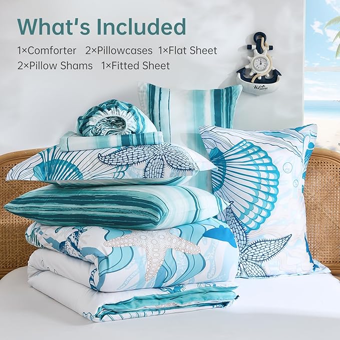 WONGS BEDDING Coastal Queen Size Comforter,7 Pieces Beach Nautical Themed Bed in a Bag Bedding Set,Ocean Coral Seashell Pattern Soft Warm Comforters for All Season, 90"x90"