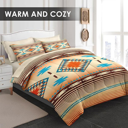 Comforter Set Full Size, Southwest Western Geometric 7 Pcs Bedding for Kids and Adults, Mexico Stripe Turquoise Bed Sheet Sets with Fitted Sheet 2 Pillowcases & 2 Shams