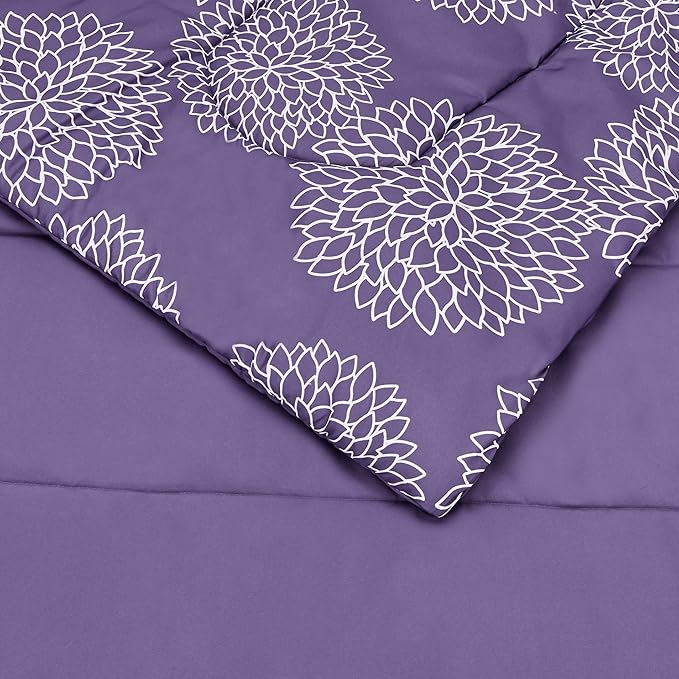 Amazon Basics 5-Piece Lightweight Microfiber Comforter Set with Sheets, Bed-in-a-Bag, Purple Floral Bedding, Twin/Twin XL