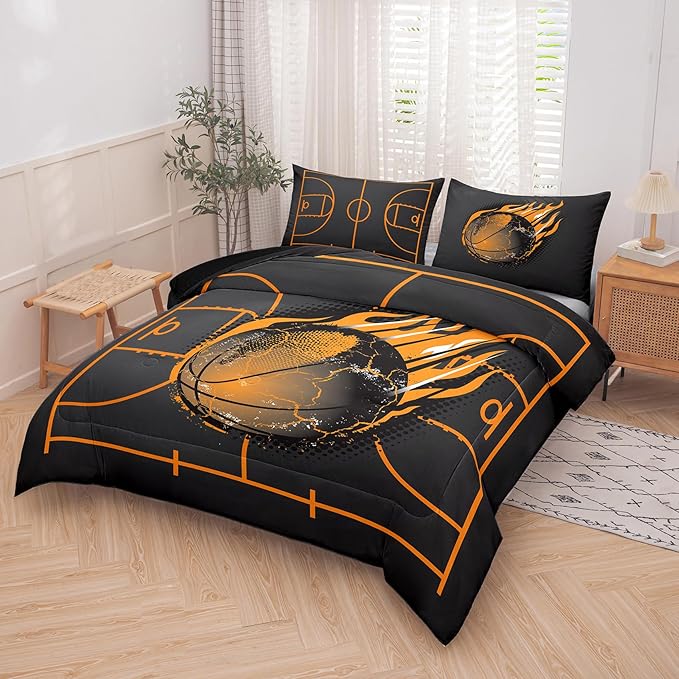 NINENINE Basketball Comforter Sports Bedding Sets for Boys,Queen Comforter Sets for Kids,Basketball Bedding Set(1Comforter, 1Flat Sheet, 1Fitted Sheet, 2Pillowcases)