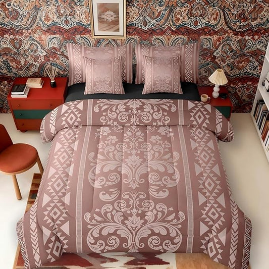 Comforter Set King Size, Coper Brown Damask Aztec 7 Pcs Bedding for Kids and Adults, Antique Decor Western Baroque Gothic Bed Sheet Sets with Fitted Sheet 2 Pillowcases & 2 Shams for Bedroom Bed Decor