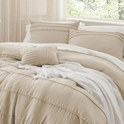 Bedsure California King Comforter Set - 4 Pieces Pinch Pleat Bed Set, Linen Boho Bedding for All Season, 1 Soft Comforter, 2 Pillowcases, 1 Decorative Pillow