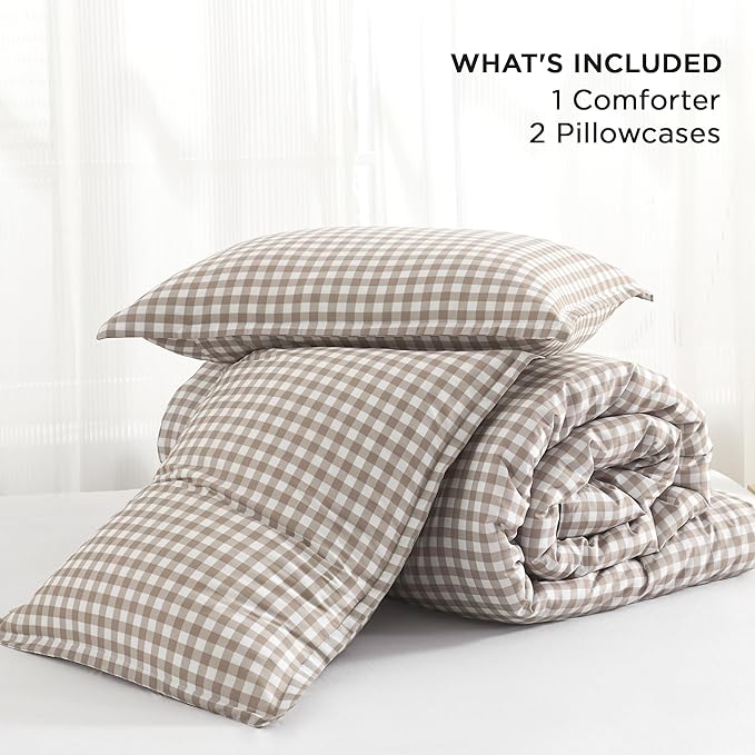 Andency Tan Gingham Comforter Set Queen(90x90Inch), Brown Checkered Grid Plaid Buffalo Bed Set for Girls Boys Kids Teens, 3 Pieces Lightweight Microfiber Geometric Preppy Bedding