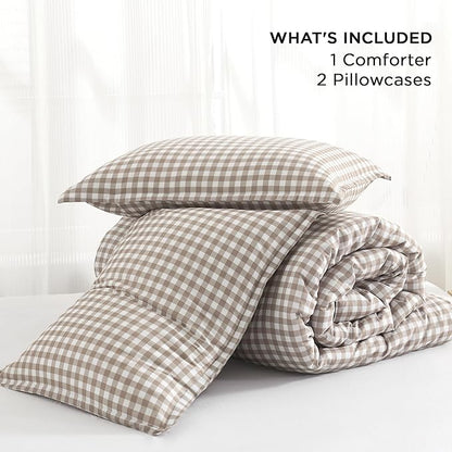 Andency Tan Gingham Comforter Set Full(79x90Inch), Brown Checkered Grid Plaid Buffalo Bed Set for Girls Boys Kids Teens, 3 Pieces Lightweight Microfiber Geometric Preppy Bedding