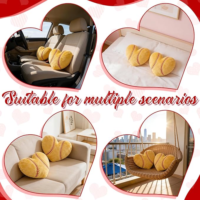 2Pcs Softball Throw Pillow, 11 in Soft Embroidered Fluffy Softball Pillow, Stuffed Plush Heart Shape Softball Pillow for Bedrooom Couch Bed Decoration, Gift for Softball Lover Player Team