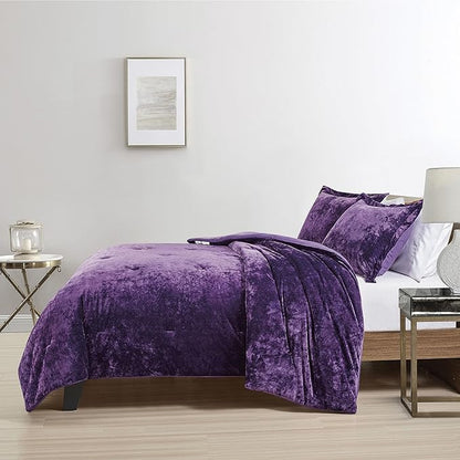 Luxury Velvet Queen Comforter Set, 3 Pieces Reversible Comforters Queen Size with 2 Pillow Shams, Brushed Solid Microfiber Back, All Season Cozy, Soft, Warm, Lightweight (Purple，90x90 Inch)