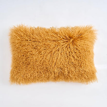 Genuine Mongolian Lamb Fur Pillow Cover – 12"x20" Rectangular Cushion Case – Soft Curly Wool Decorative Accent for Sofa, Bed, or Chair (Mustard Yellow)