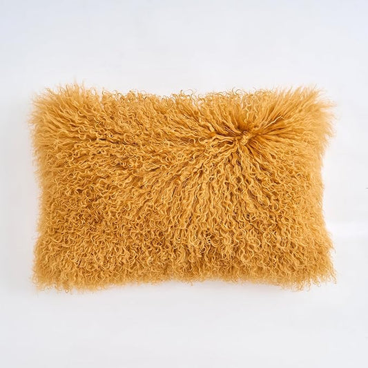 Genuine Mongolian Lamb Fur Pillow Cover – 12"x20" Rectangular Cushion Case – Soft Curly Wool Decorative Accent for Sofa, Bed, or Chair (Mustard Yellow)