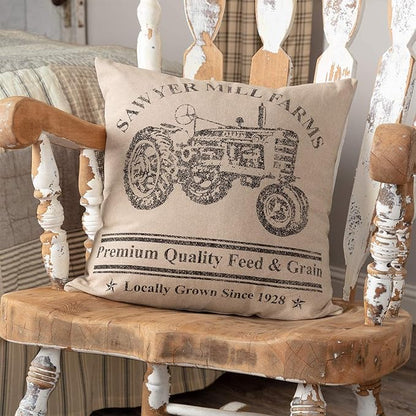 VHC Brands Sawyer Mill Graphic/Print Chambray Cotton Farmhouse Stenciled Square Pillow 18x18 Filled Bedding Accessory, Tractor Charcoal