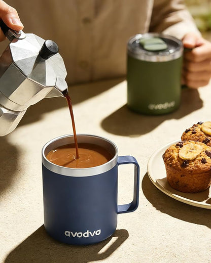 2 Pack 12oz Insulated Coffee Mug with Lids – Double Wall Stainless Steel Travel Cups with Handle, Keep Hot & Cold Drinks, Ideal Gift for Coffee Lovers, Home, Office & Camping, Navy Blue