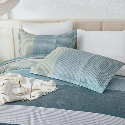 WONGS BEDDING Comforter Set King Size, Blue Striped Patchwork Comforter for King Bed,3 Pieces (1 Comforter+2 Pillowcases) Soft Microfiber Bedding Set for All Season (104"x90")