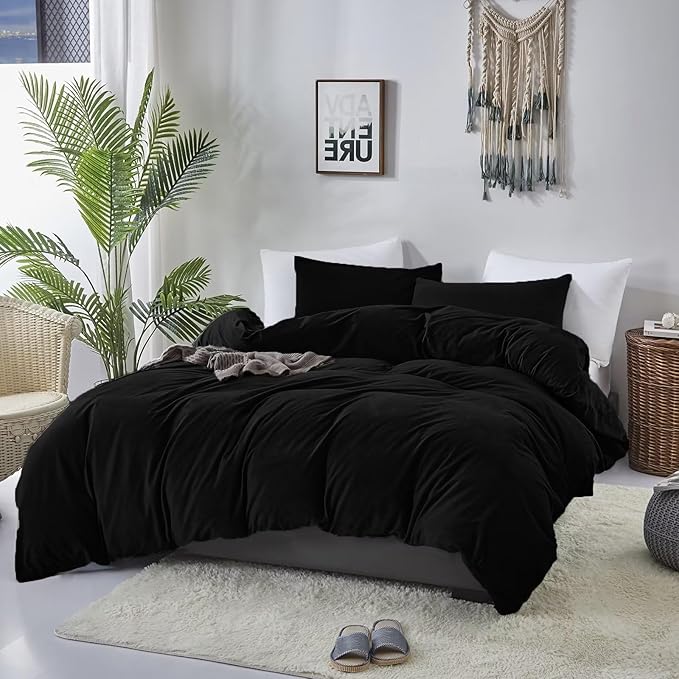 Cottonight Velvet Comforter Set - Cal King Black Flannel Bedding - Plush Fluffy Blanket Quilts - Modern Winter Warm Thick Solid Black Bedding Set