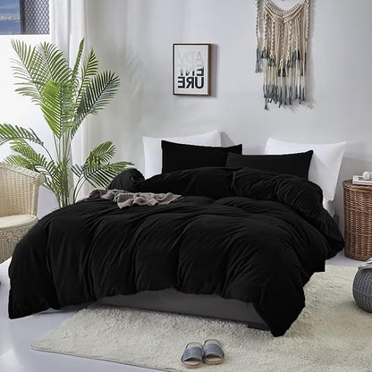 Cottonight Velvet Comforter Set - Cal King Black Flannel Bedding - Plush Fluffy Blanket Quilts - Modern Winter Warm Thick Solid Black Bedding Set