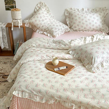 mixinni 3-Piece Pink Floral Ruffle Comforter Set Queen - Cottagecore Botanical Duvet Cover with Lace Trim & 2 Pillow Shams, Soft Cotton Boho Bedding for Teen Girls, Aesthetic Coquette Bed Set