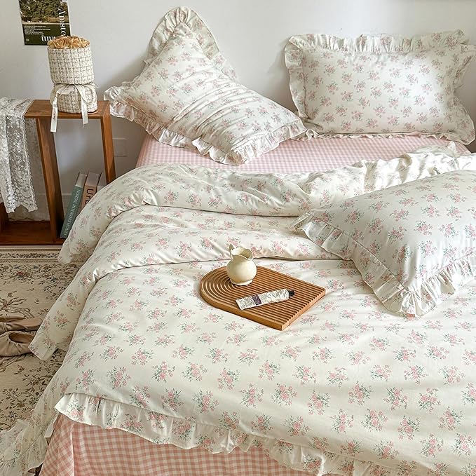mixinni 3-Piece Pink Floral Ruffle Comforter Set Full - Cottagecore Botanical Duvet Cover with Lace Trim & 2 Pillow Shams, Soft Cotton Boho Bedding for Teen Girls, Aesthetic Coquette Bed Set