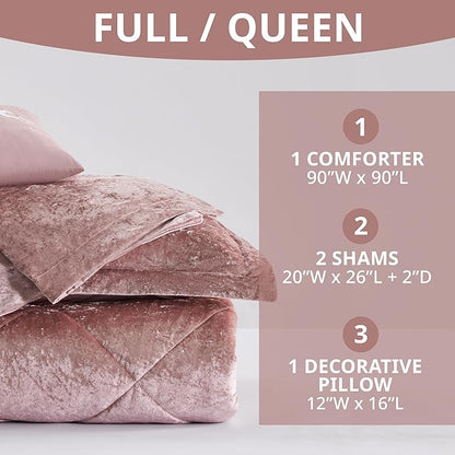 Intelligent Design Felicia Luxe Comforter Velvet Lush Double Sided Diamond Quilting, Modern All Season Bedding Set with Matching Sham, Decorative Pillow, Full/Queen(90"x90"), Blush 4 Piece