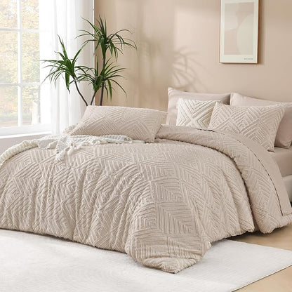 Andency Khaki Queen Comforter Set, 3 Pieces Lightweight Fluffy Boho Bedding Comforter Set, Tufted Farmhouse Shabby Chic Bed Set for All Seasons (1 Comforter 90x90In, 2 Pillowcases)