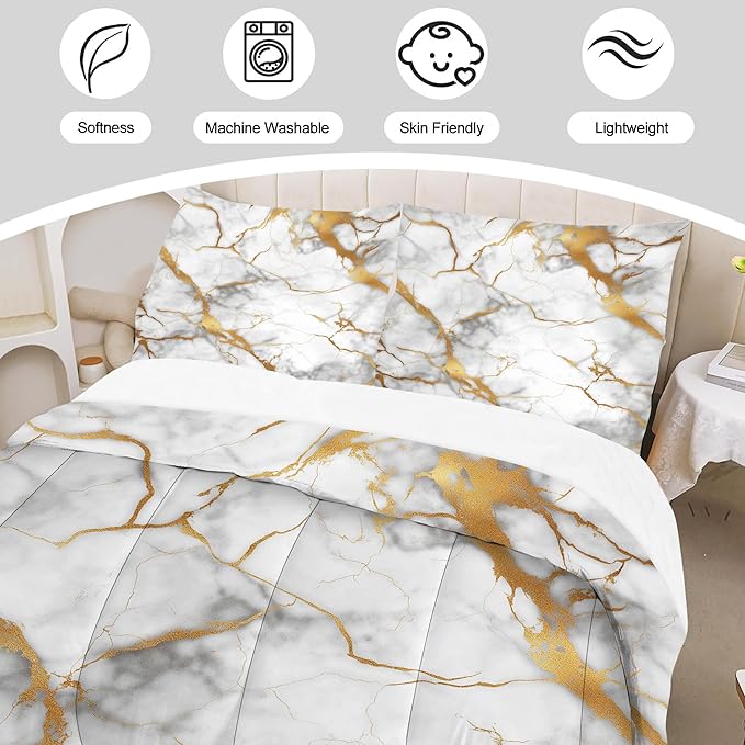 White Gold Marble Bedding Set for Kids Teens Adults Glitter Gold Stripes Marbling Bed Set Grey White Luxury Metallic Marbled Comforter Set Full Size 3 Pcs (1 Comforter & 2 Pillow Cases