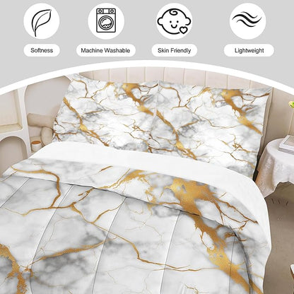 Marble White Gold Comforter Set Queen Size Glitter Golden Stripes Bedding Set Light Grey White Gold Quilt Set Luxury Marbling Texture Bed Set for Bedroom Decor with 1 Comforter + 2 Pillow Cases