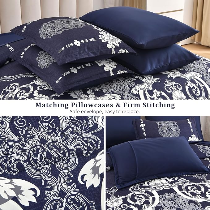Mybedsoul Navy Blue Queen Comforter Set, 7 Pieces Boho Bed in a Bag for Queen Bed, Damask Comforter with Sheets Pillowcases, Soft Microfiber Lightweight Bedding Sets for All Season(90"x90")