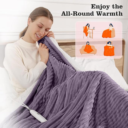 Heated Blanket Electric Throw 50"x60" Heating Blanket 450gsm Ribbed Flannel Sherpa Ultra-soft with 5 Heating Levels and 4 Hour Auto Off, ETL & FCC Certified Electric Blanket, Great Winter Gift, Purple