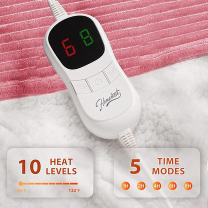 Homemate Electric Heated Blanket Full Size - 72"x84" Heating Blanket Full Size 1/2/4/6/8 Hours Auto-Off 10 Heat Level Over-Heat Protection Soft Flannel Sherpa ETL Certification