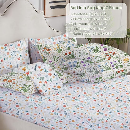 Floral King Comforter Set with Sheets, 7 Piece Luxury Vintage Bedding, Soft Microfiber Bed in a Bag, Cozy Lightweight Bed Set, Green Patchwork Flower Leaf