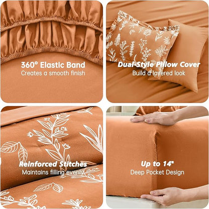 MUXHOMO Burnt Orange Full Comforter Set, Elegant Floral Print Bed in a Bag 7 Pieces, Ultra Soft & Breathable Reversible Botanical Pattern Bedding Set with Comforter, Sheets, Pillowcases, and Shams