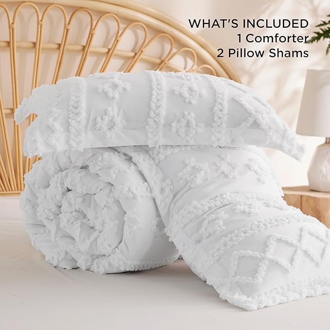 Bedsure Tufted Boho Comforter Set King Size - Bright White Boho Bed Set, GentleSoft™ 3 Pieces Farmhouse Shabby Chic Embroidery Bedding, Gifts for Woman, Soft Jacquard King Comforter for All Seasons