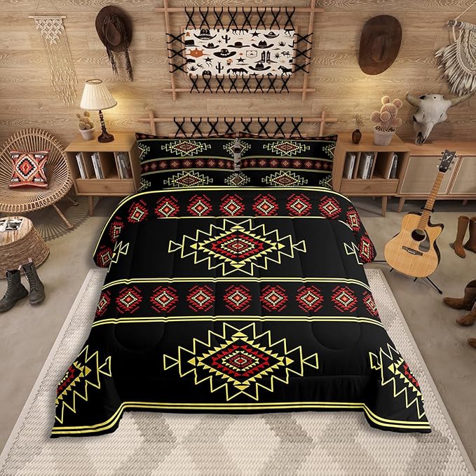Western Aztec Queen Size Comforter Set, Native American Navajo Bedding Set for Boys Adult Teens, Southwestern Geometric Quilt Ethnic American Native Duvet Insert Rustic Farmhouse Decor,Black Yellow