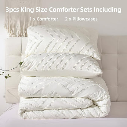 YIRDDEO Ivory White King Comforter Set, Boho Farmhouse Bedding Set, Vertical Tufted Bed Set, Lightweight Neutral Bedroom Set (1 Comforter 2 Pillowcase)