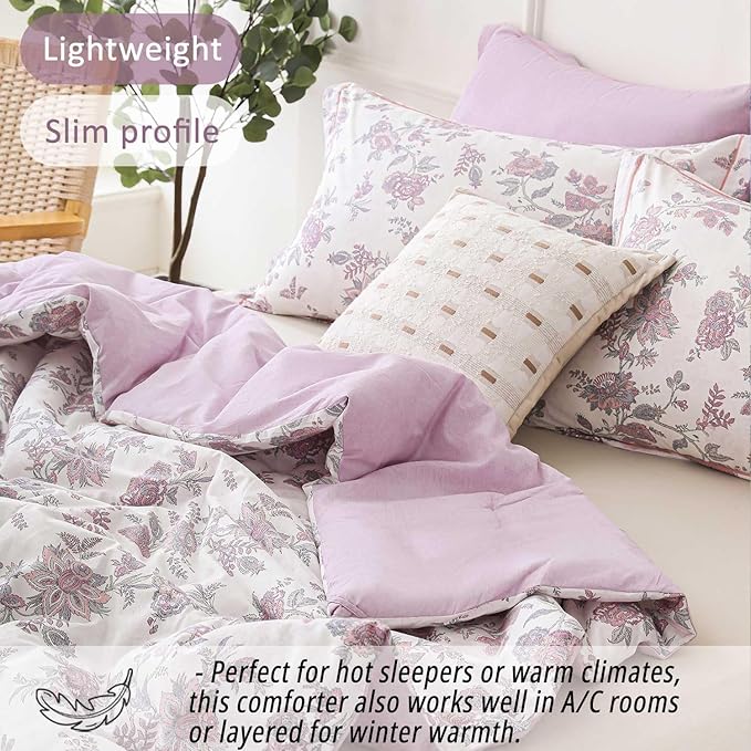 Pink Floral Cotton Comforter King Size 3PC - Vintage Romantic Botanical on Soft White with Smoky Pink Floral Reverse – Cozy Reversible Lightweight Comforter Set with Soft Fill(104"×90")