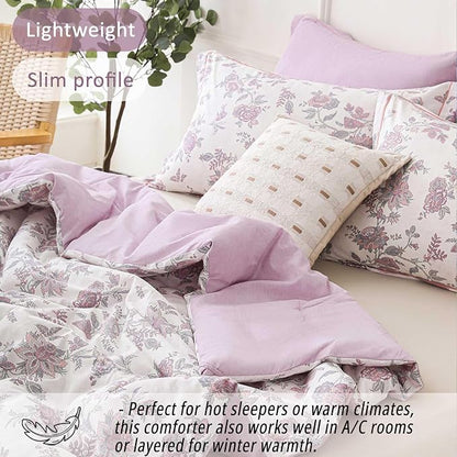 Pink Floral Cotton Comforter King Size 3PC - Vintage Romantic Botanical on Soft White with Smoky Pink Floral Reverse – Cozy Reversible Lightweight Comforter Set with Soft Fill(104"×90")