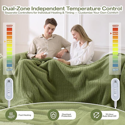Heated Blanket Electric Blanket King Size, 90" x 100" Fast Heating Blanket with Dual Control 8 Heating Levels & 10 Hours Auto Off, Machine Washable, ETL & FCC Certification, Green