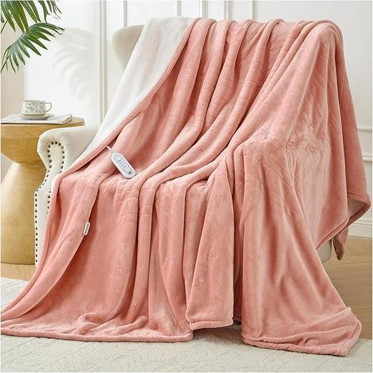Full Size Electric Blanket Heated, Double-Sided Flannel＆Sherpa Heated Blanket with 8 Heat Levels & 10 Hours Auto Off, Fast Heating Blankets Machine Washable with ETL & FCC Certified, Pink