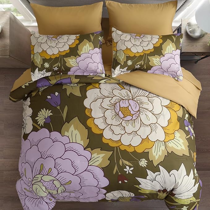 DJY 7 Pieces Brown Floral Comforter Set Queen Size Botanical Bed in a Bag, Soft Microfiber Boho Farmhouse Bedding Floral Comforter with Sheets Set for All Season (90''x90'')