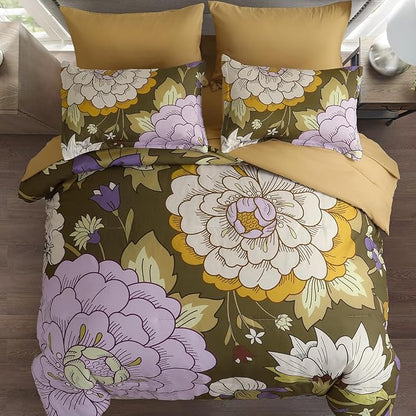 DJY 7 Pieces Brown Floral Comforter Set King Size Botanical Bed in a Bag, Soft Microfiber Boho Farmhouse Bedding Floral Comforter with Sheets Set for All Season (104''x90'')