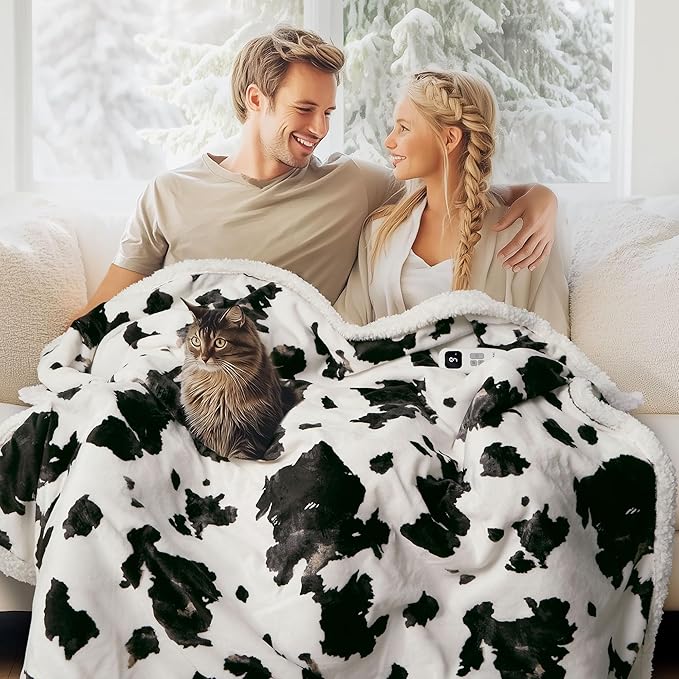 Heated Blanket Throw Electric Blanket – Fast Heating Blanket with 10 Heat Settings & 10 Hours Auto Off, Cow Print Blanket Cozy Soft Fleece Sherpa, Washable, Warm Gifts for Grandma