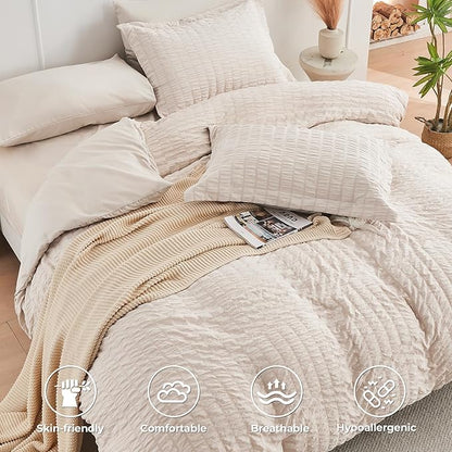 HYMOKEGE Beige California King Comforter Set Seersucker 7 Pieces, All Season Luxury Bed in a Bag for Bedroom, Bedding Set with Comforters, Sheets, Pillowcases & Shams