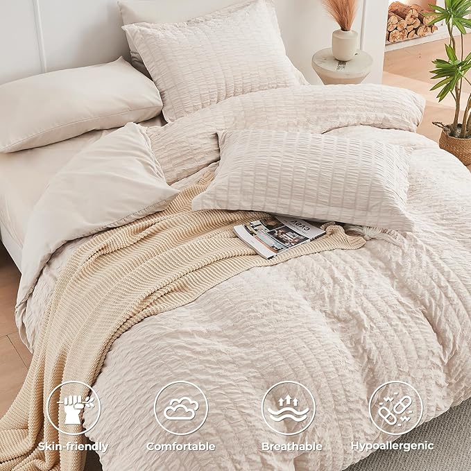 HYMOKEGE Beige Oversized King Comforter Set Seersucker 7 Pieces, All Season Luxury Bed in a Bag for Bedroom, Bedding Set with Comforter, Sheets, Pillowcases & Shams