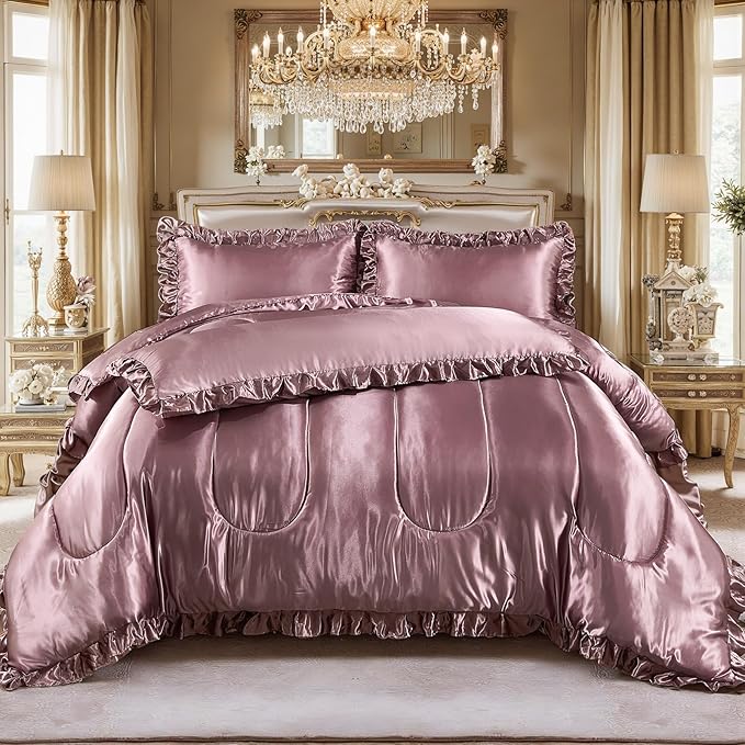 Satin King Comforter Set Silk Like Satin Bedding Set 4 Pcs Hotel Soft Polyester Blush Pink Bed Set Luxury Silky Body Pillow Cover Ruffle Down Comforter Home Decor