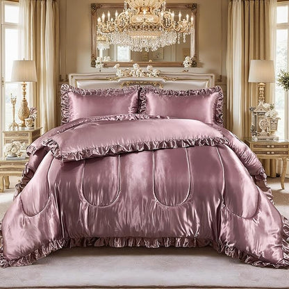 Satin King Comforter Set Silk Like Satin Bedding Set 4 Pcs Hotel Soft Polyester Blush Pink Bed Set Luxury Silky Body Pillow Cover Ruffle Down Comforter Home Decor