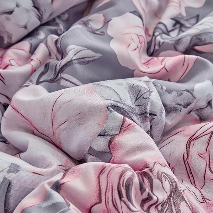 Flower Comforter Set Twin Size 68 * 86in - Gray Pink Floral with Leave Style -3 Pieces Shabby Chic Farmhouse Bedding with Ruffled Fringe Rustic Lightweight Botantical Ruffle Comforter with Shams
