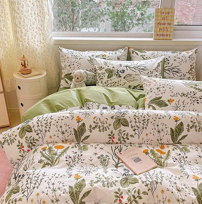 KAREVER Botanical Comforter Queen Sage Green Floral Plant Bedding Set Garden Pattern Printed Reversible Blanket 3 PCs Breathable White Floral Bed Comforter Set