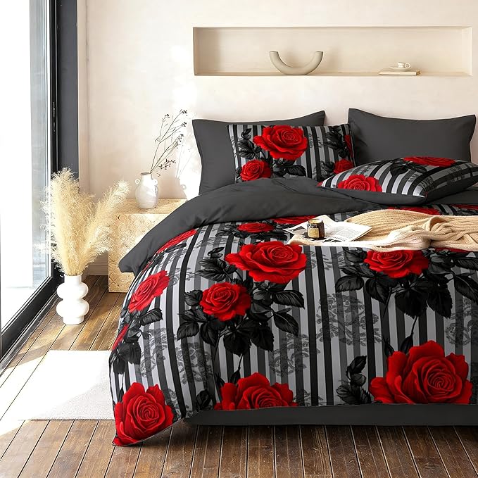Black Floral Comforter Set Twin Size - Red Rose Pattern Soft Fluffy Black Grey Stripe Bedding Set for Girls Bedroom Decor - 2Piece Microfiber with 1 Pillowcases