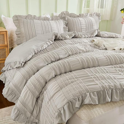 WONGS BEDDING Grey Textured Comforter Set Queen,3 Pieces Ruffle Farmhouse Shabby Chic Comforter for Queen Bed,Soft Seersucker Boho Bedding Set with 1 Ruffle Comforter,2 Tufted Pillowcases 90"×90"