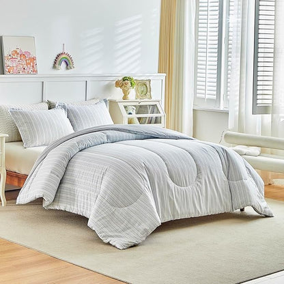 Joyreap 3pcs Cotton Comforter Set King, Light Blue Stripes Stylish Design, Soft Cozy Lightweight Bedding Comforter Set for All Seasons- 100x88 inches