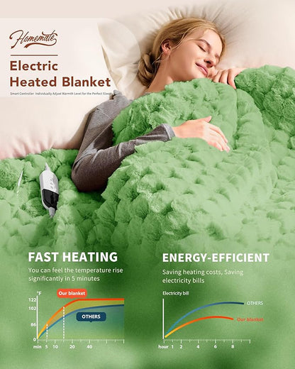 Homemate Heated Blanket Electric Throw - 50"x60" Heating Blanket Throw 4 Hours Auto-Off 10 Heat Levels Over-Heat Protection Luxury 800 GSM Faux Fur 200 GSM Sherpa ETL Certification