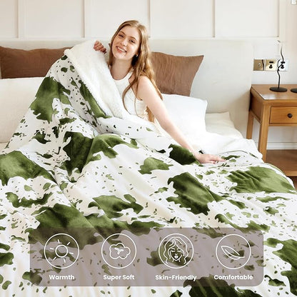Cow Print Heated Electric Blanket King Size-Dual Control Heating Blanket King Size with 10 Heat Levels & 10 Hours Auto-Off, Cozy Soft Fleece Sherpa, Washable, 90x100 Inche Cow Print Sage